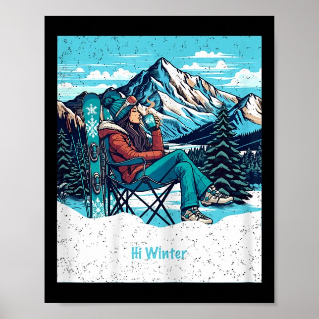 Winter Holiday Skier Woman Drinking Coffee Christm Poster (Framsidan)