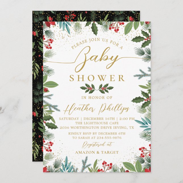 Winter Holly Berries Helgdag Baby Shower Inbjudningar (Fram/baksida)