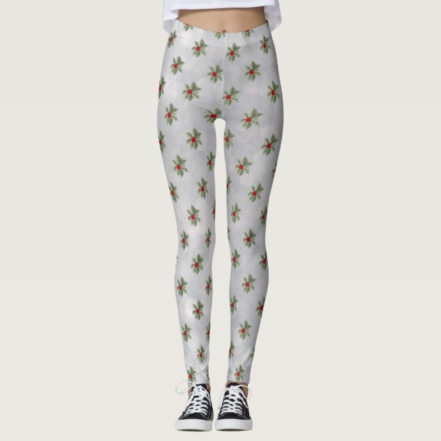 Winter Holly Berry Mönster Leggings (Framsida)