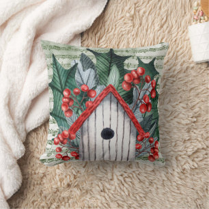 Winter Holly och Birdhouse Watercolor Kudde