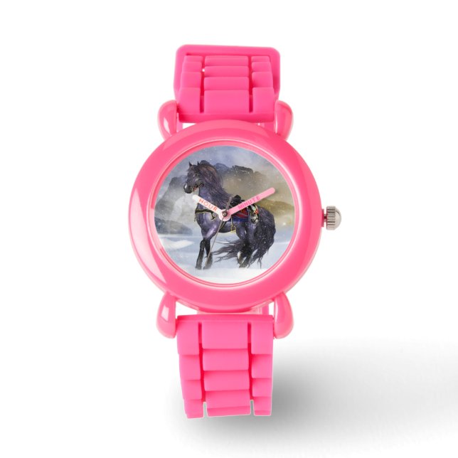 Winter Horse Barn Glitter Watch, Rosa Glitter Armbandsur (Framsida)