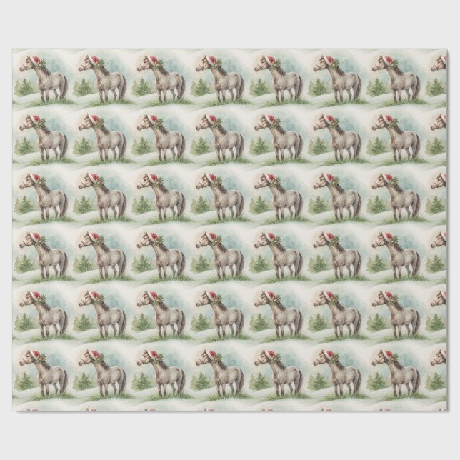 Winter Horse Gift Wrap with Santa Hat Presentpapper (Platt)