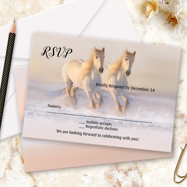 Winter Horses Bröllop OSA Card Inbjudningar (RSVP card featuring running horses in the snow - winter wedding - equine - equestrian - country)