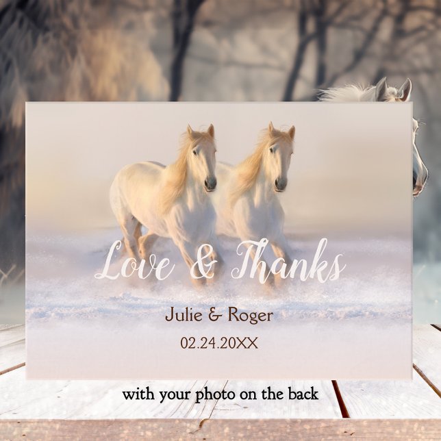 Winter Horses Photo Bröllop - tackkort Tack Kort (Photo wedding Thank You card featuring a painting of two white horses running in the snow)