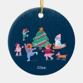 Winter Hundar Ice Skating Mörk blått julfoto Julgransprydnad Keramik