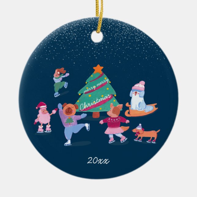 Winter Hundar Ice Skating Mörk blått julfoto Julgransprydnad Keramik (Framsidan)