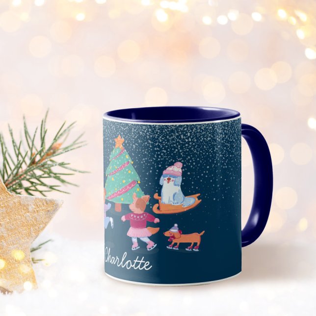 Winter Hundar Ice Sker Mörk blått jul Namn Mugg (Skapare uppladdad)