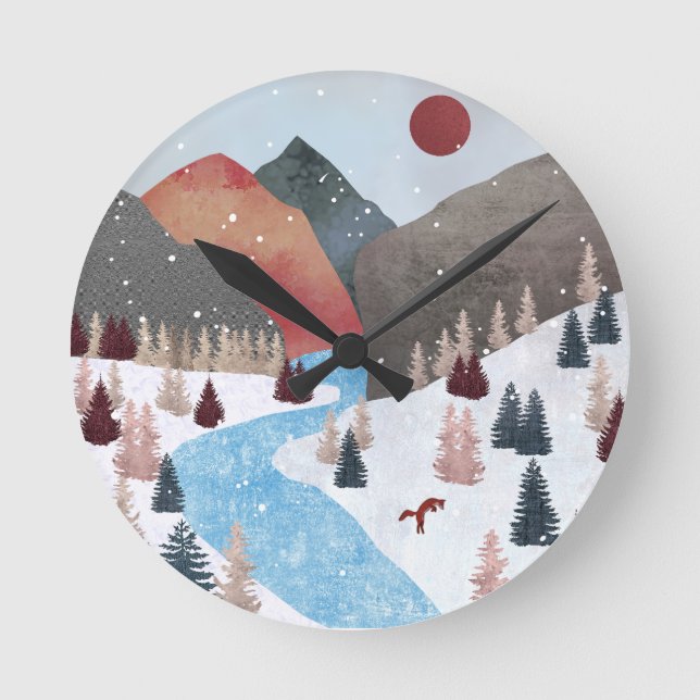 Winter Hunting Fox Rund Klocka (Framsida)