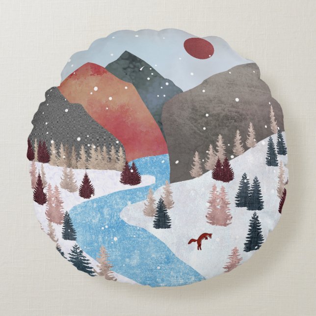 Winter Hunting Fox Rund Kudde (Framsidan)