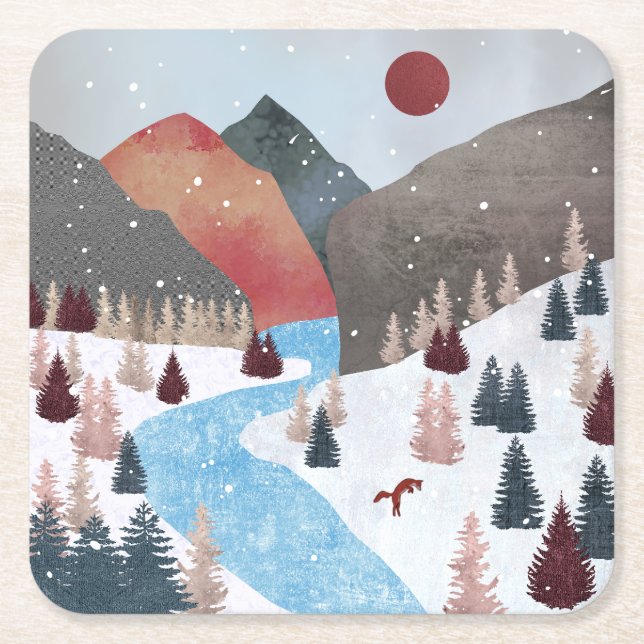 Winter Hunting Fox Underlägg Papper Kvadrat (Framsidan)