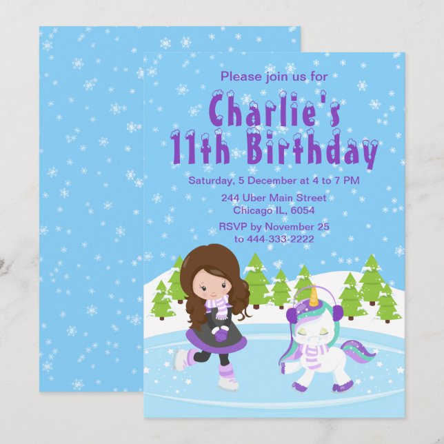 Winter Ice Skating Birthday Brown Hair Girl Invita Inbjudningar (Fram/baksida)