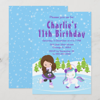 Winter Ice Skating Birthday Brown Hair Girl Invita Inbjudningar