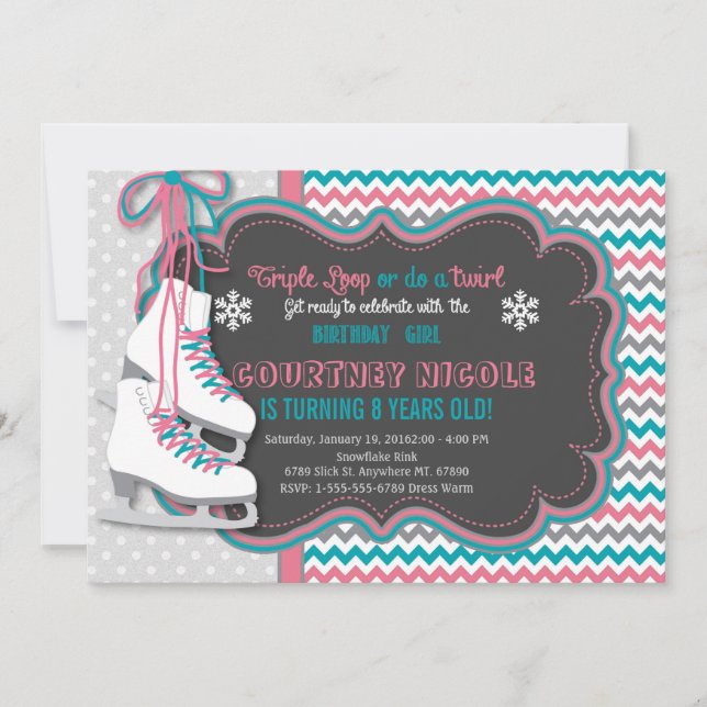 Winter Ice Skating Födelsedagsfest inbjudan (Framsida)