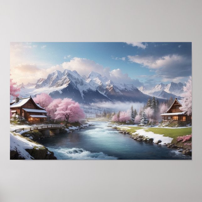 Winter Japanska Sakura Träd med bergsvy Poster (Framsidan)