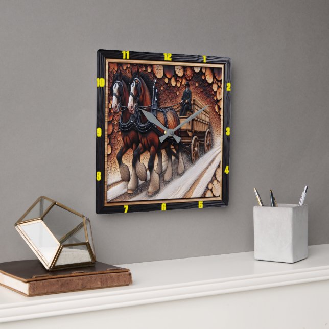 Winter Journey Charred Wood Clydesdale-mästerverk Fyrkantig Klocka (Kontor)