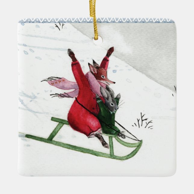 Winter Joy Fox Rabbit Toboggning Helgdag Julgransprydnad Keramik (Framsida)