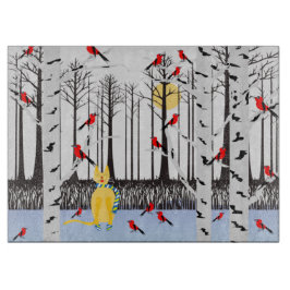 Winter Joy - Katt med scarf Birch Träd Kardinals