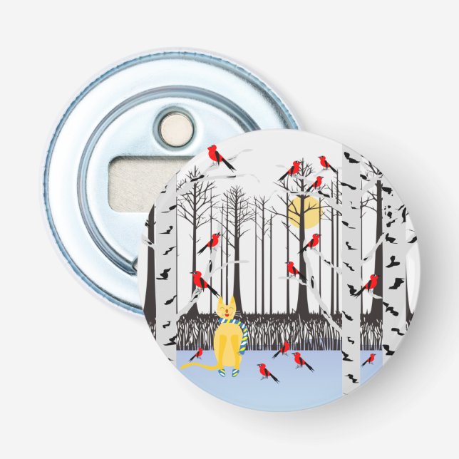 Winter Joy - Katt med scarf Birch Träd Kardinals Flasköppnare (Framsidan)