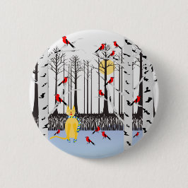 Winter Joy - Katt med scarf Birch Träd Kardinals Knapp