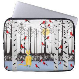 Winter Joy - Katt med scarf Birch Träd Kardinals Laptop Fodral