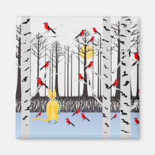 Winter Joy - Katt med scarf Birch Träd Kardinals Magnet
