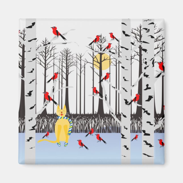 Winter Joy - Katt med scarf Birch Träd Kardinals Magnet (Framsidan)