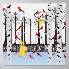 Winter Joy - Katt med scarf Birch Träd Kardinals Poster