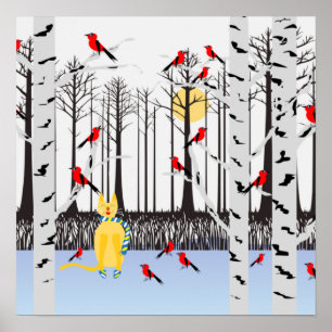 Winter Joy - Katt med scarf Birch Träd Kardinals Poster