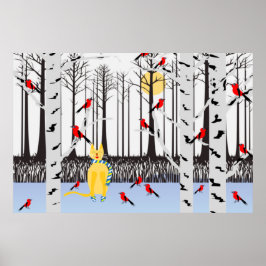 Winter Joy - Katt med scarf Birch Träd Kardinals Poster