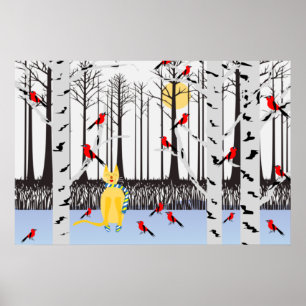Winter Joy - Katt med scarf Birch Träd Kardinals Poster