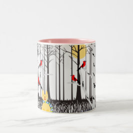 Winter Joy - Katt med scarf Birch Träd Kardinals Två-Tonad Mugg