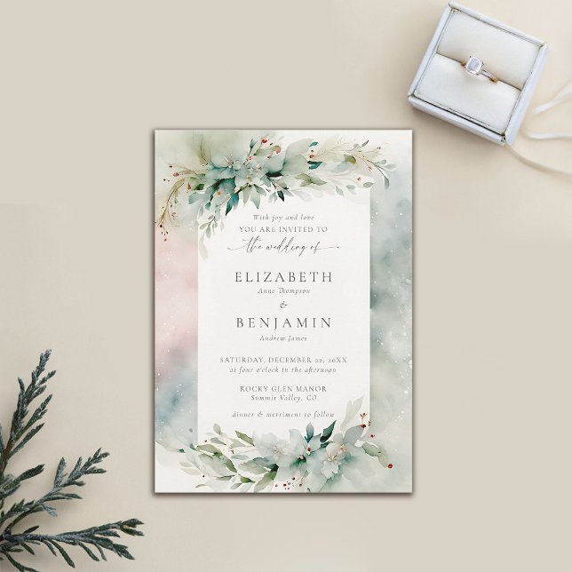 Winter jul Dreamy Watercolor Elegant bröllop Inbjudningar (winter wedding invitation christmas dreamy watercolor greenery botanical frame elegant bohemian)