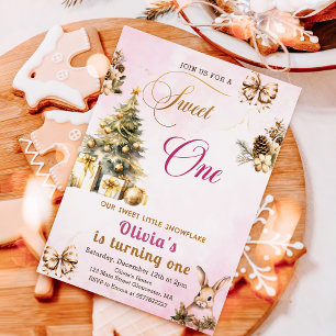 Winter Julgran Rosa Sweet One Birthday Inbjudningar