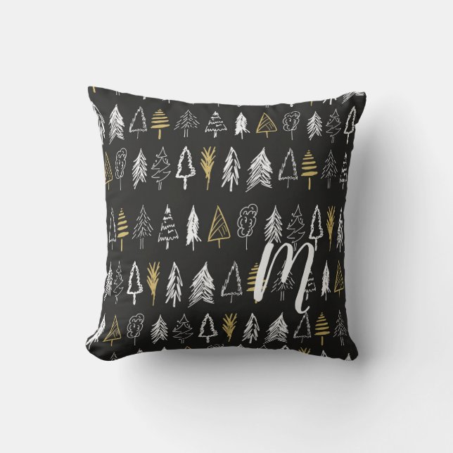 Winter Julgranar - Black & Guld - Monogram Kudde (Framsida)