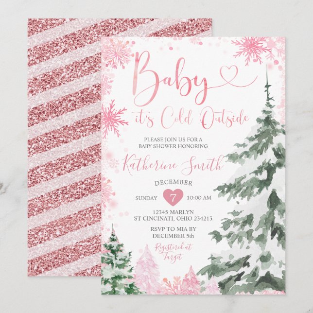 Winter Kall Baby Shower Forest Rosa Snöflingor Inbjudningar (Fram/baksida)