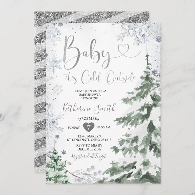 Winter Kall Baby Shower Forest Silver Snöflingor Inbjudningar (Fram/baksida)