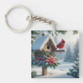 Winter-kardinal på ett Festive Birdhouse