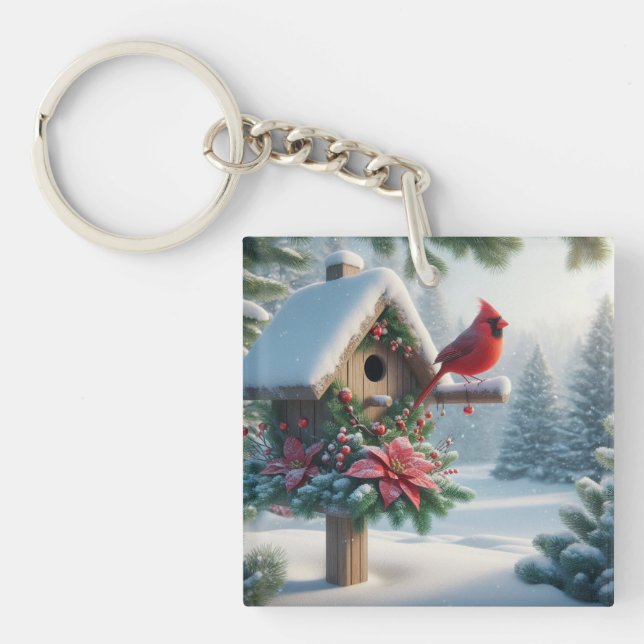 Winter-kardinal på ett Festive Birdhouse (Framsidan)
