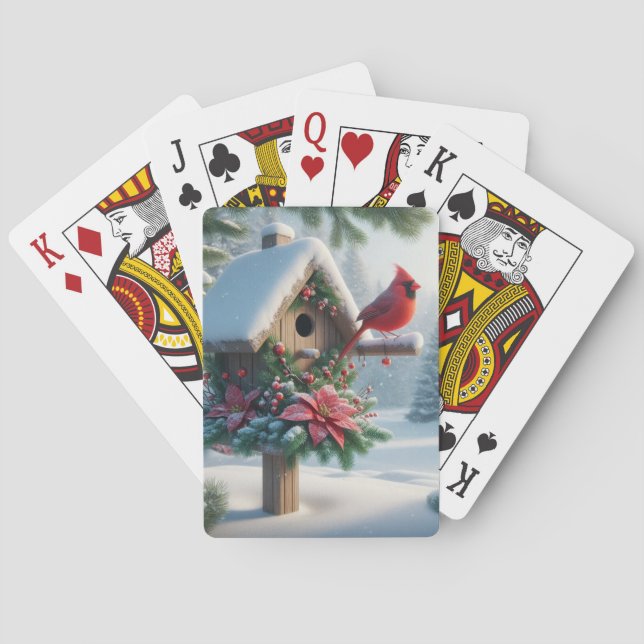 Winter-kardinal på ett Festive Birdhouse Casinokort (Baksidan)