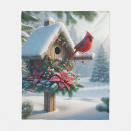 Winter-kardinal på ett Festive Birdhouse Fleecefilt
