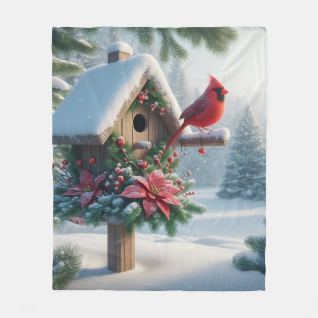 Winter-kardinal på ett Festive Birdhouse Fleecefilt (Framsidan)