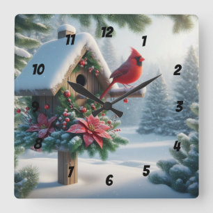 Winter-kardinal på ett Festive Birdhouse Fyrkantig Klocka