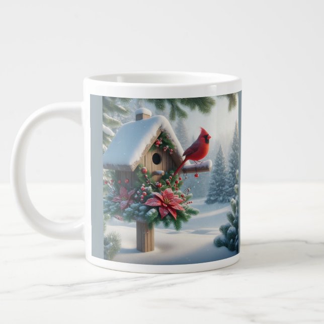 Winter-kardinal på ett Festive Birdhouse Jumbo Mugg (Vänster)