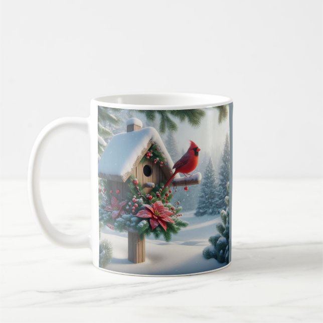 Winter-kardinal på ett Festive Birdhouse Kaffemugg (Vänster)