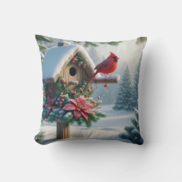 Winter-kardinal på ett Festive Birdhouse Kudde