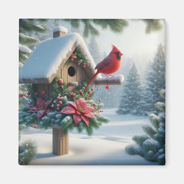 Winter-kardinal på ett Festive Birdhouse Magnet (Framsidan)