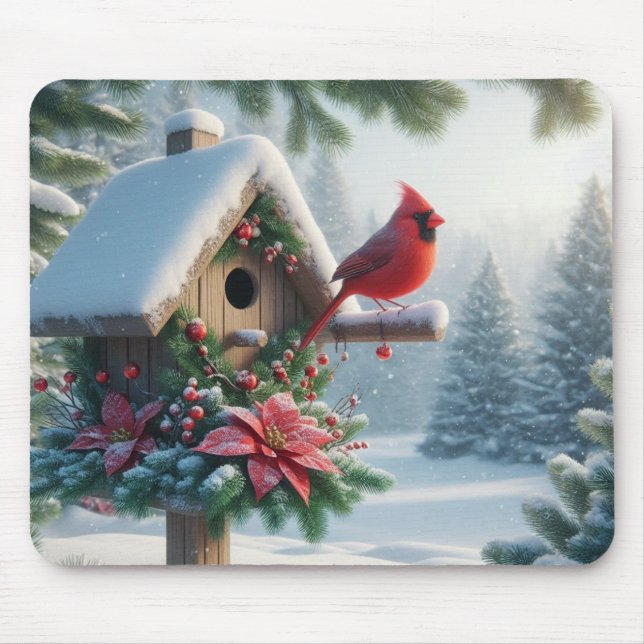 Winter-kardinal på ett Festive Birdhouse Musmatta (Framsidan)