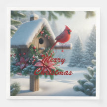 Winter-kardinal på ett Festive Birdhouse