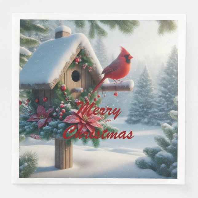 Winter-kardinal på ett Festive Birdhouse Pappersservett (Framsida)