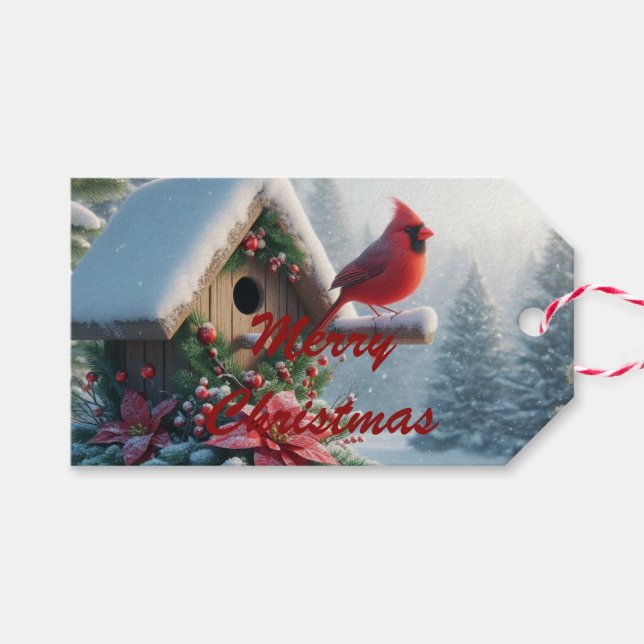 Winter-kardinal på ett Festive Birdhouse Presentetikett (Framsidan (Horizontal))